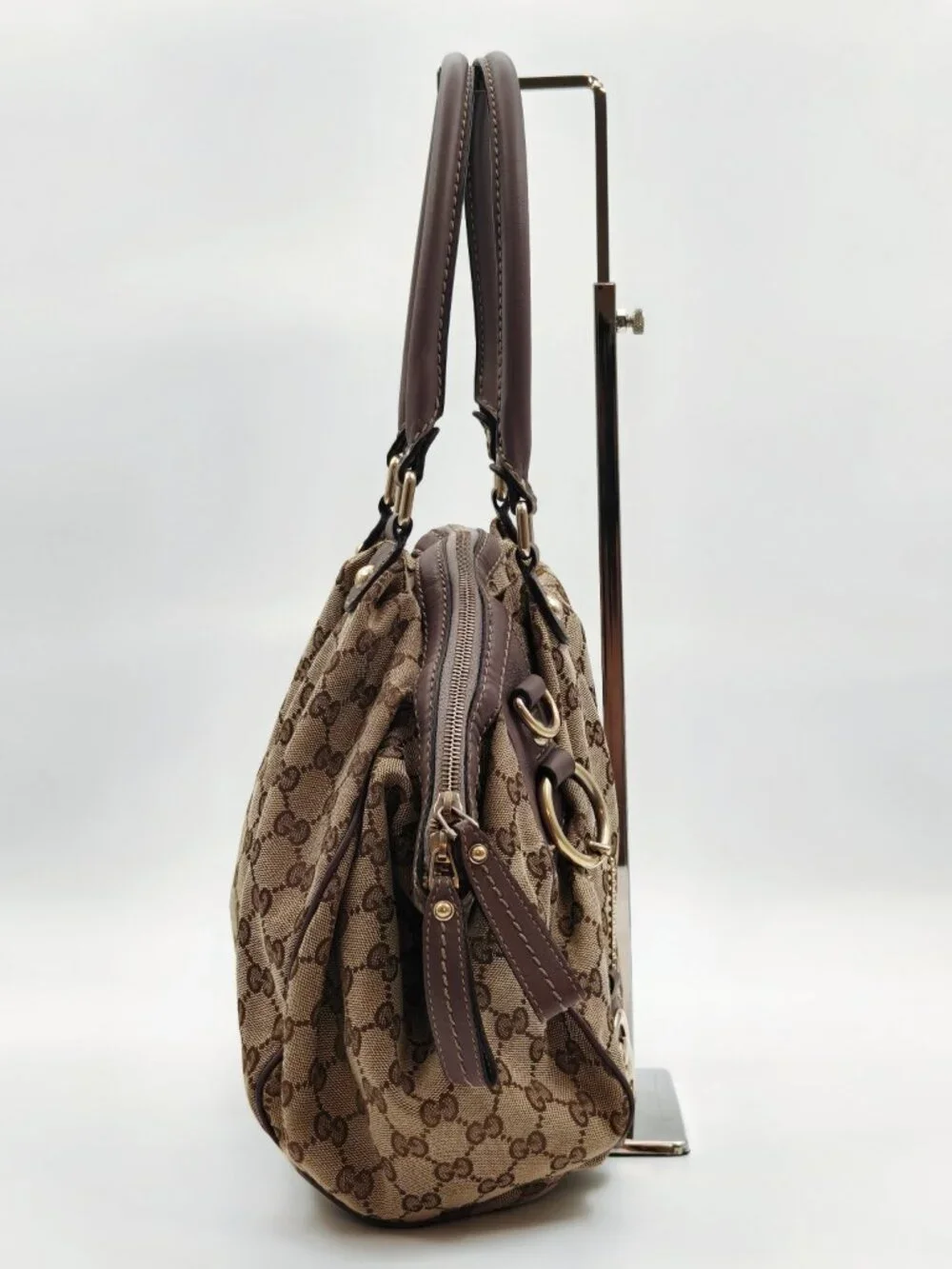 Gucci GG Canvas Sukey Large Shoulder Bag Beige Brown Monogram Leather Trim
